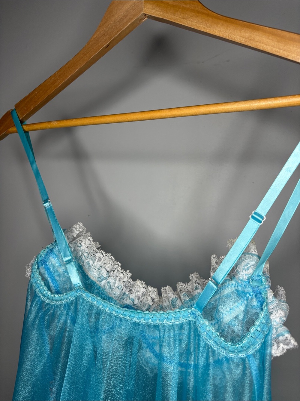 Y2K Era Sheer Ruffled Babydoll Chemise in Aqua with White Lace - Picture 6 of 9